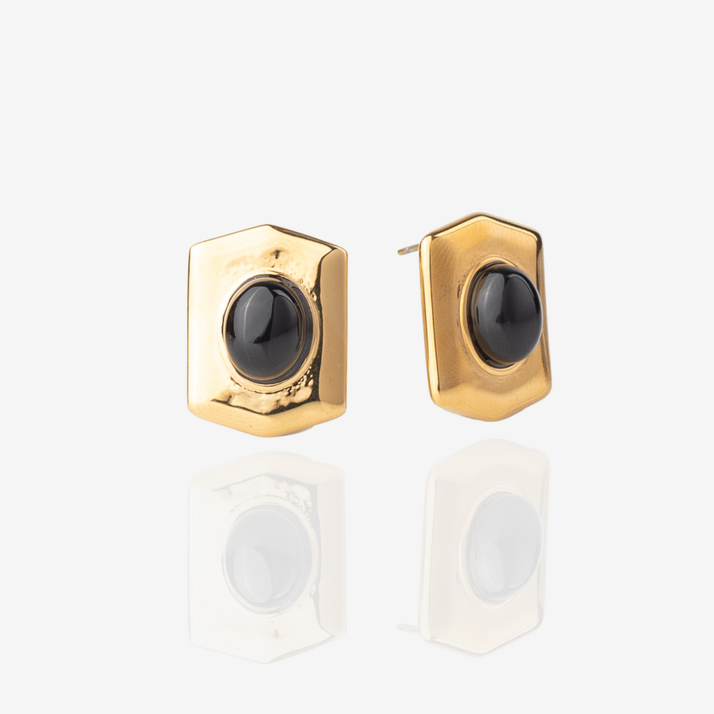 
                  
                    Black stone gold stud earrings, front perspective
                  
                
