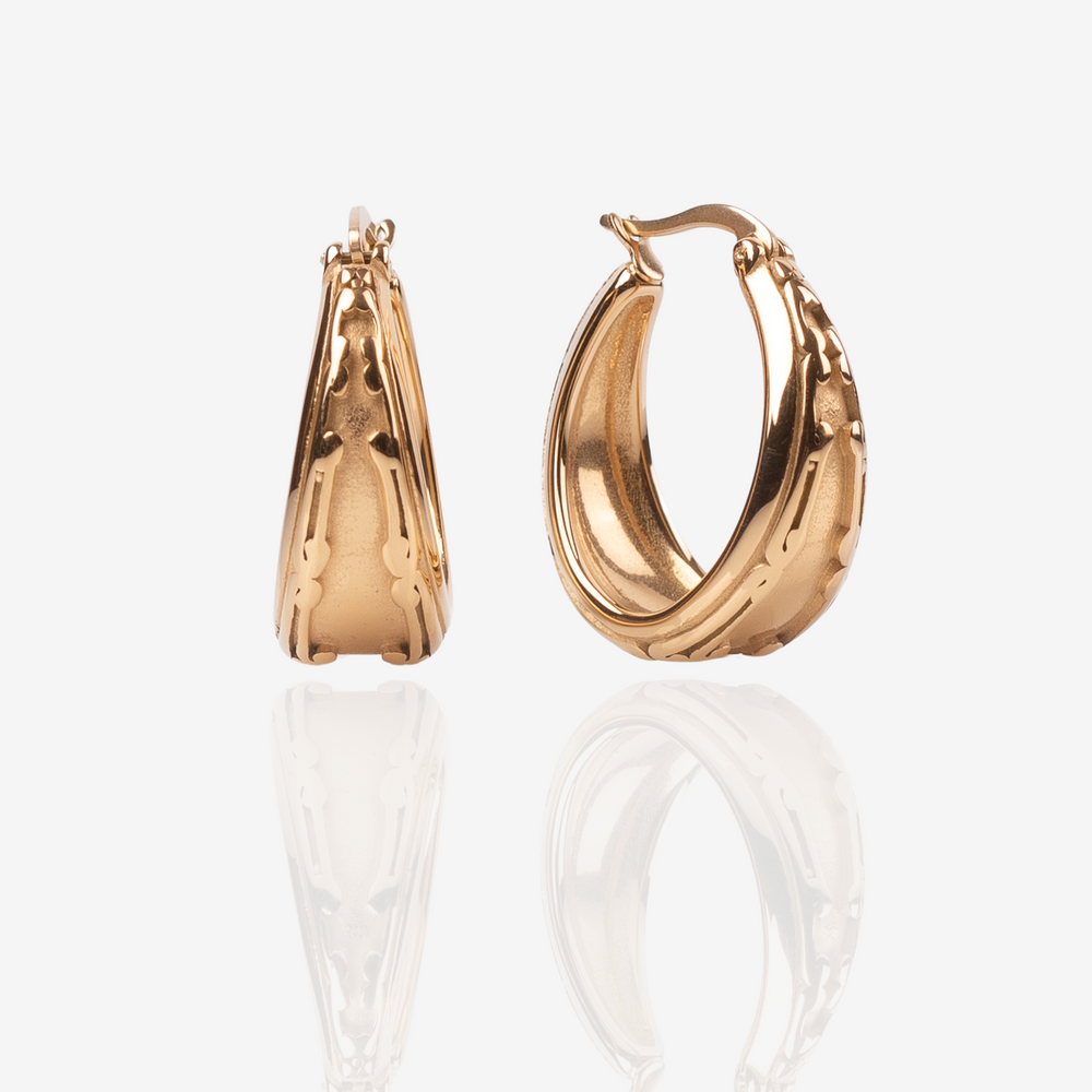 
                  
                    Gold Art Deco Hoop Earrings, Front perspective
                  
                