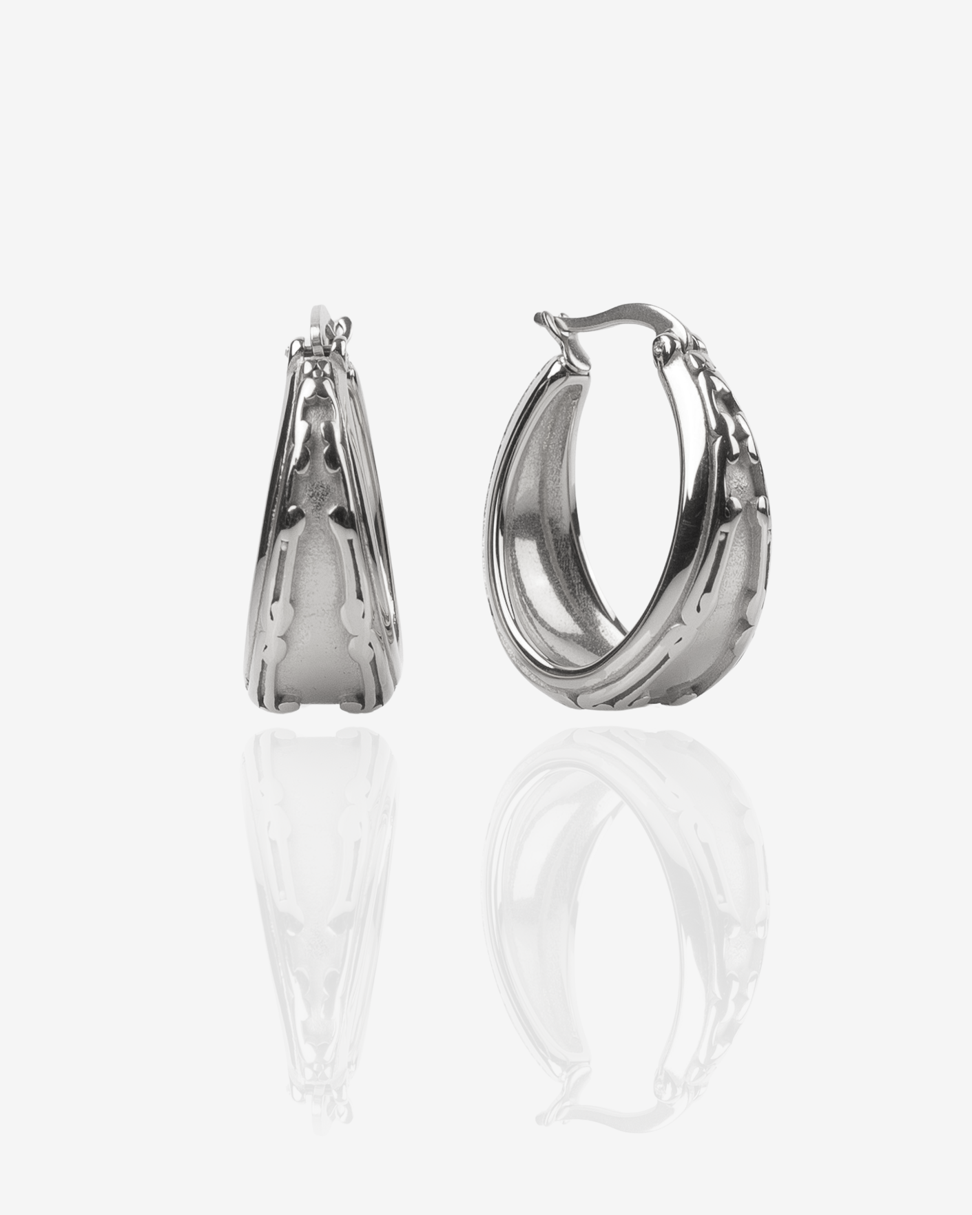 Silver Art Deco Hoop Earrings, Front perspective