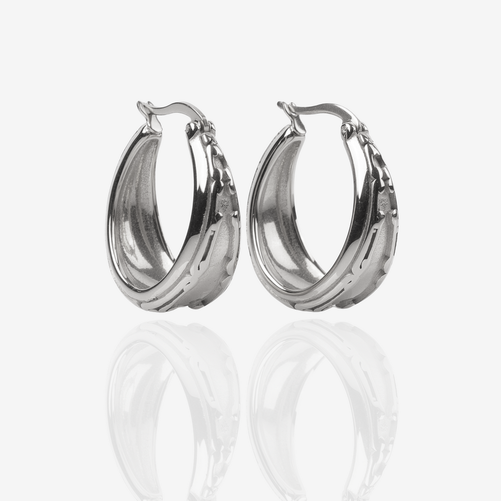 
                  
                    Silver Art Deco Hoop Earrings, Side perspective
                  
                
