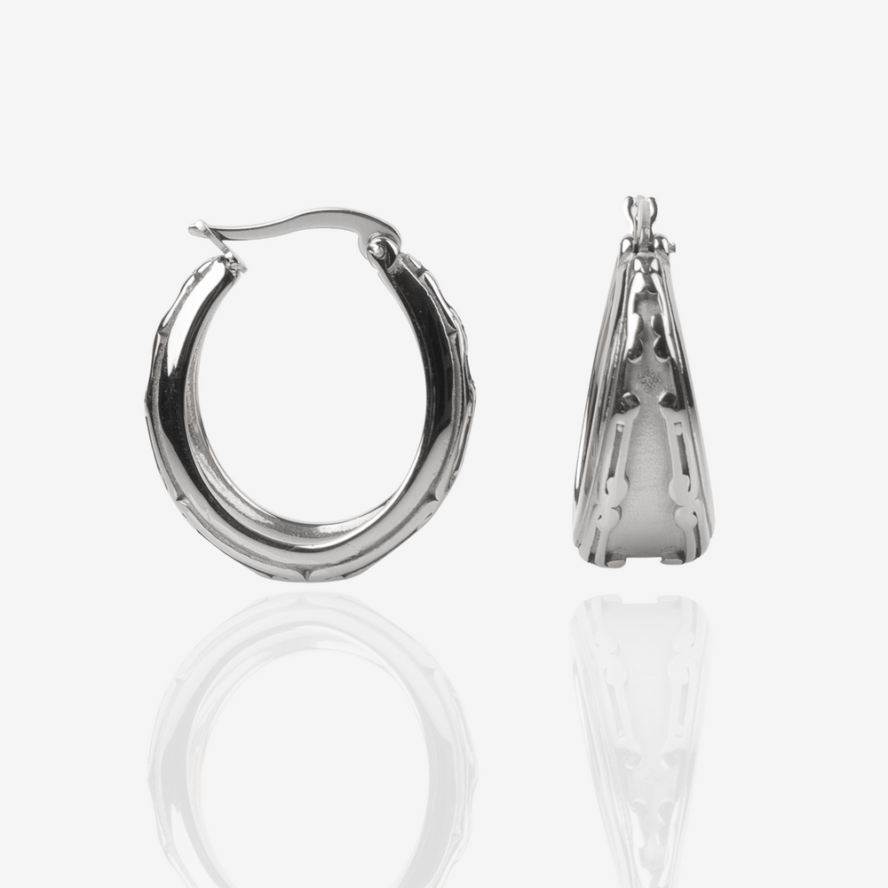 
                  
                    Silver Art Deco Hoop Earrings, different angles perspective
                  
                