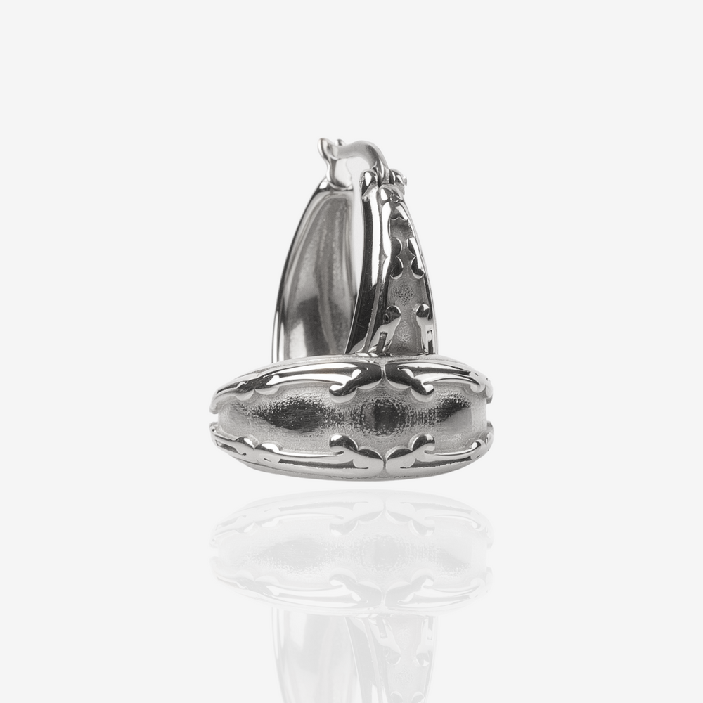 
                  
                    Silver Art Deco Hoop Earrings, Flipped perspective
                  
                