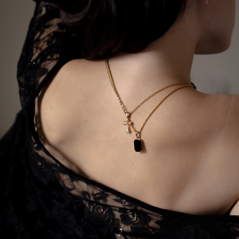 Black Onyx Stone Necklace, 18k Gold Plated Gem Jewelry, Classy Unique Jewellery, Vintage style, Stainless Steel Necklace, Antique Style