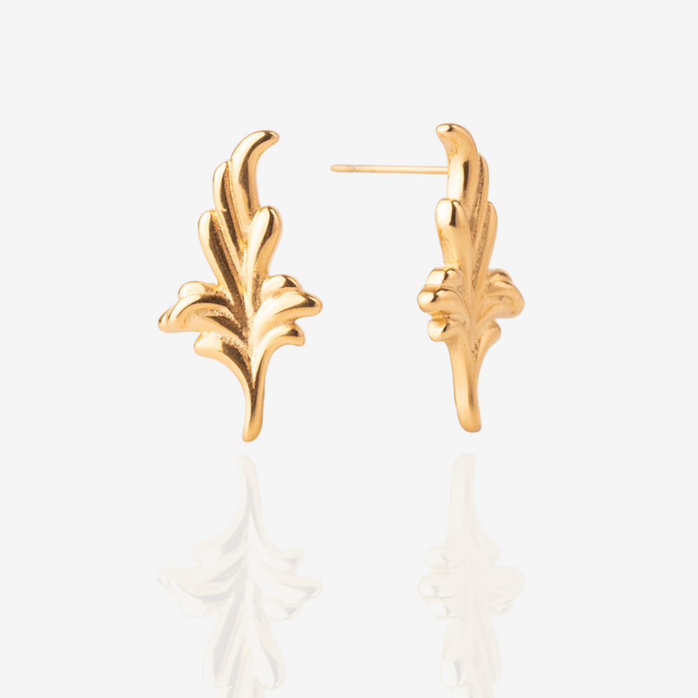 Gold Vintage Leaf Ornament Stud Earrings, Front perspective