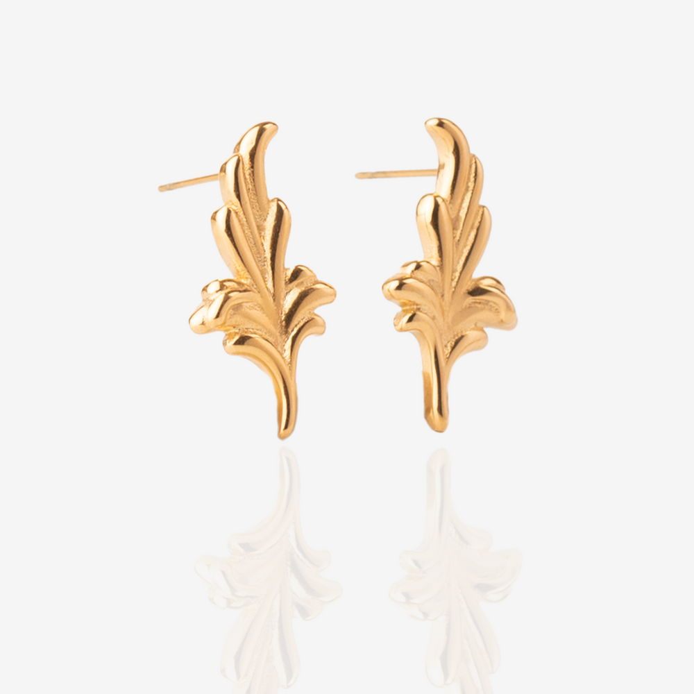 
                  
                    Gold Vintage Leaf Ornament Stud Earrings, Side perspective
                  
                