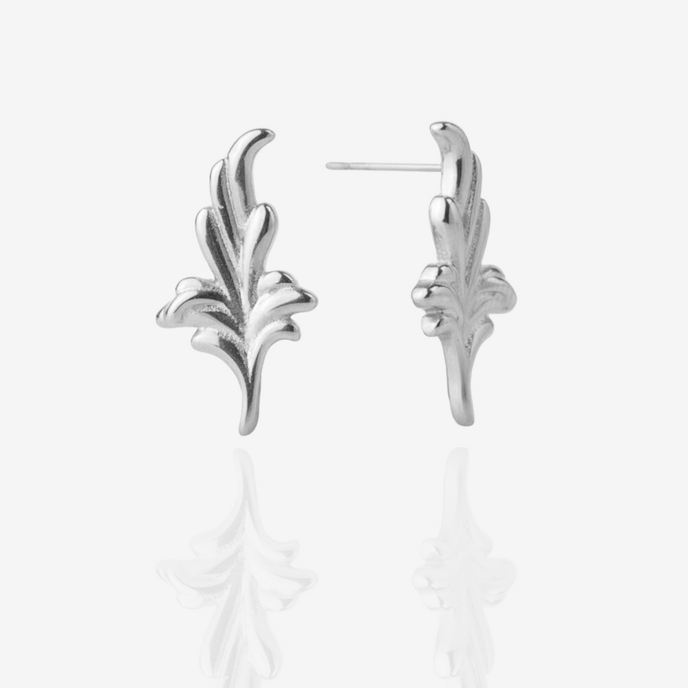 Silver Vintage Leaf Ornament Stud Earrings, Front perspective