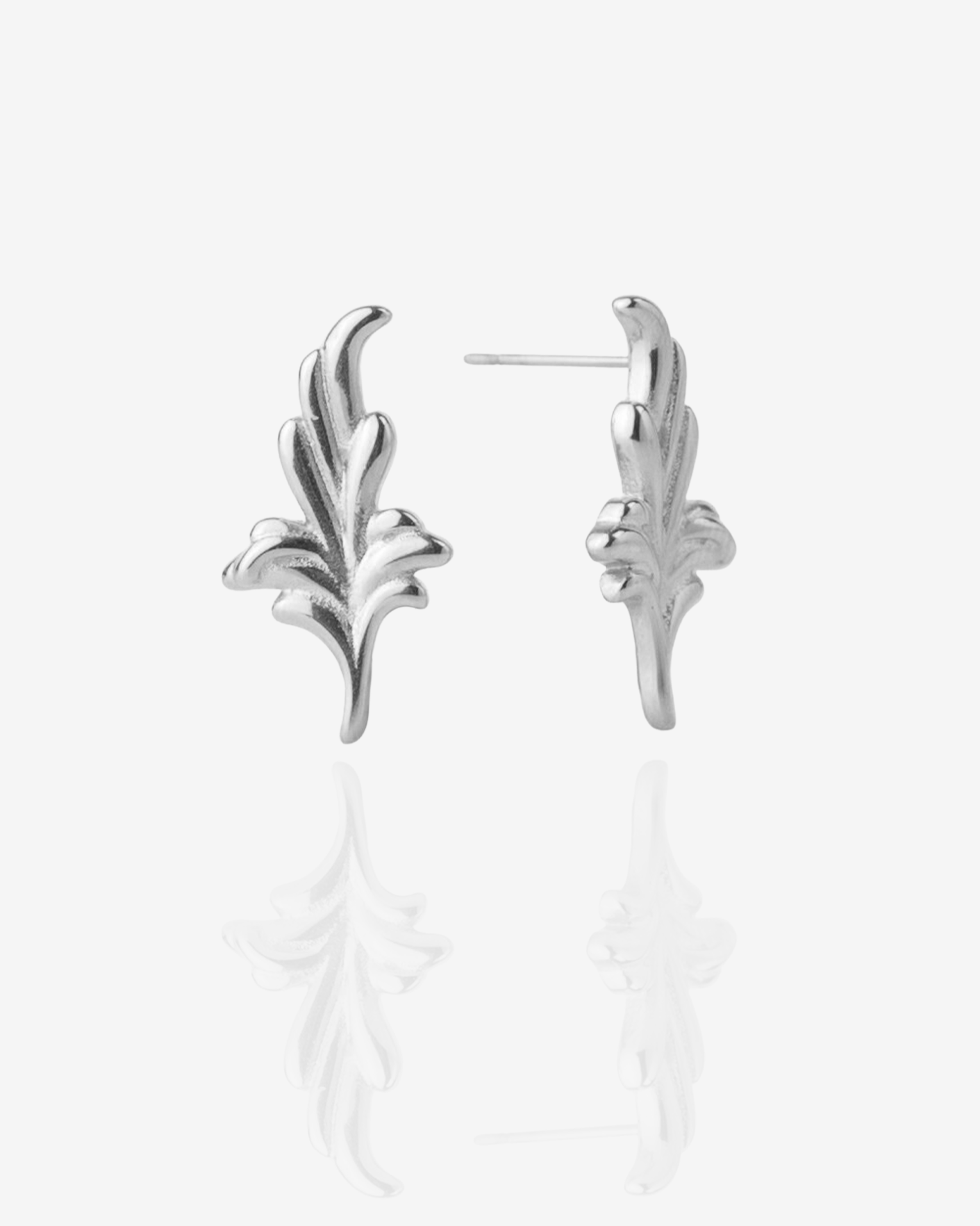 Silver Vintage Leaf Ornament Stud Earrings, Front perspective