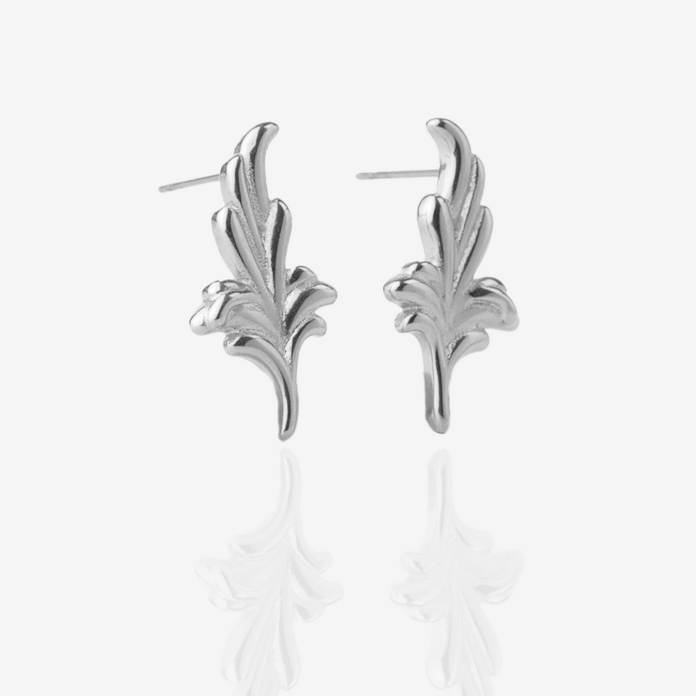 
                  
                    Silver Vintage Leaf Ornament Stud Earrings, Side perspective
                  
                
